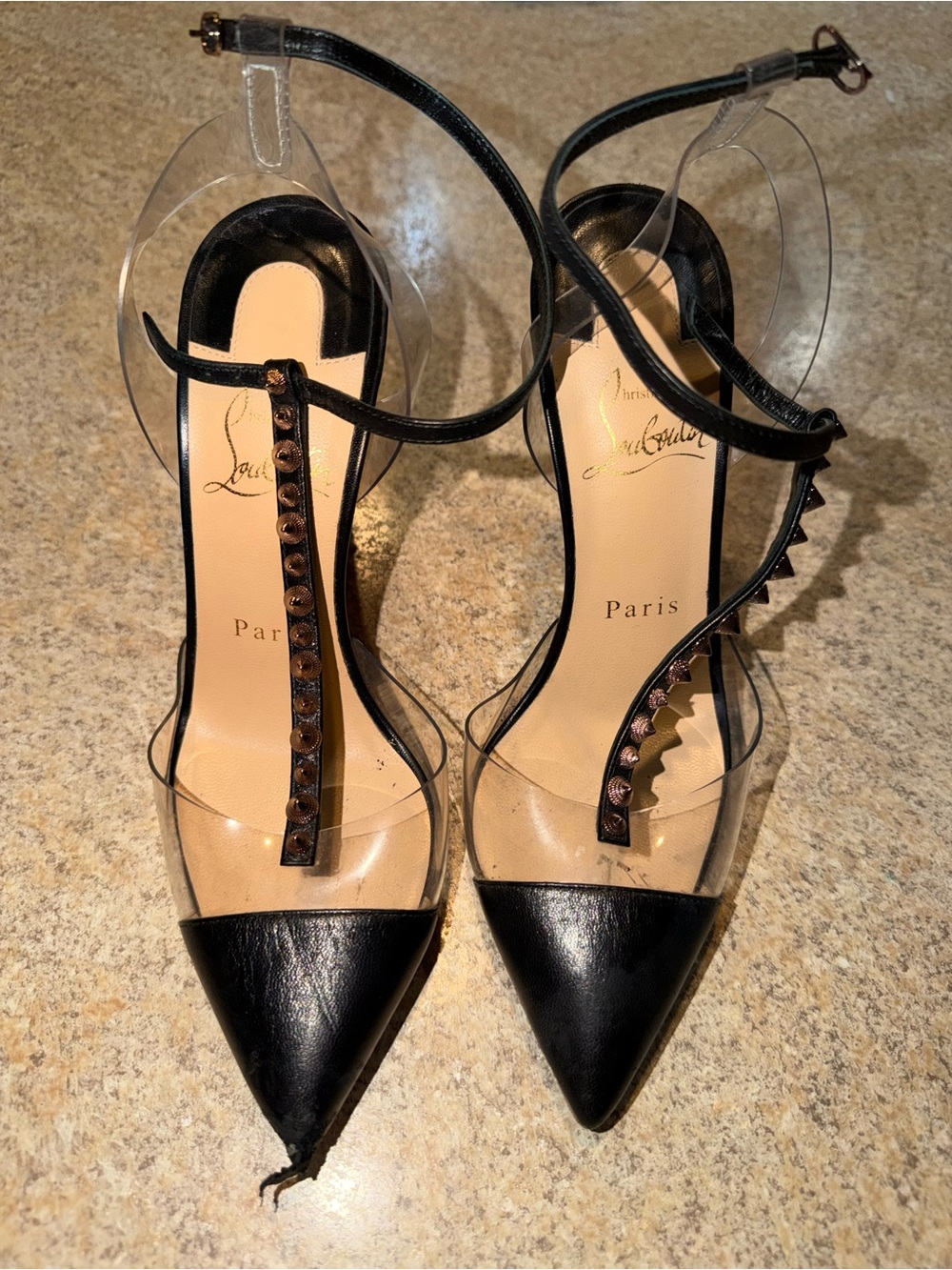 Authentic Christian Louboutin Black Pointed PVC T-Strap Studded Heels